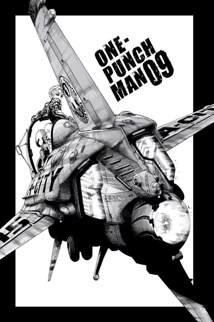 Saitama and Genos are riding on a jetfighter.