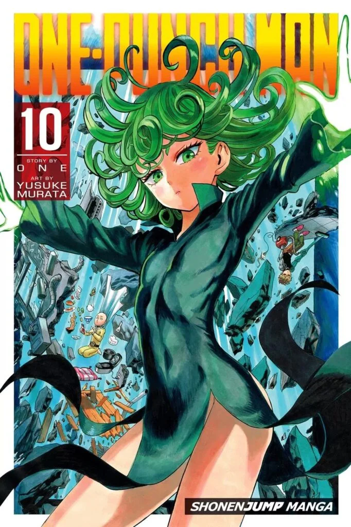 Colored page of Tatsumaki while debris floats behind him together with Saitama and Genos.