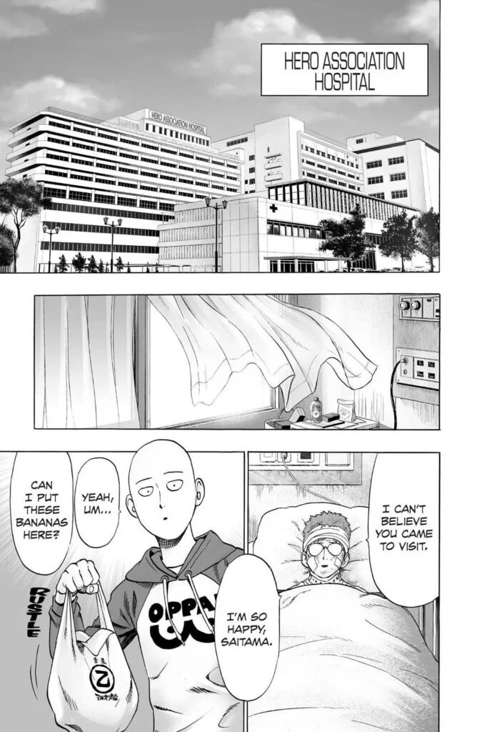 Saitama visits Charanko in the hospital, bringing bananas and making him happy.