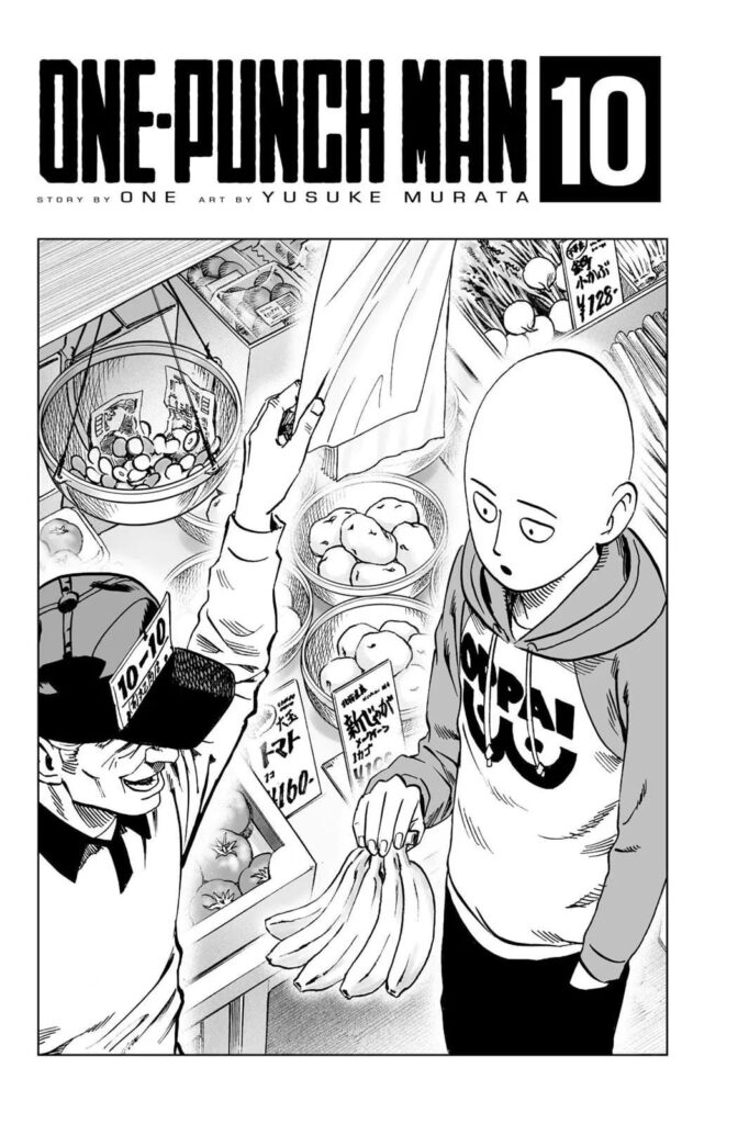 Saitama buys bananas from the old man's shop.