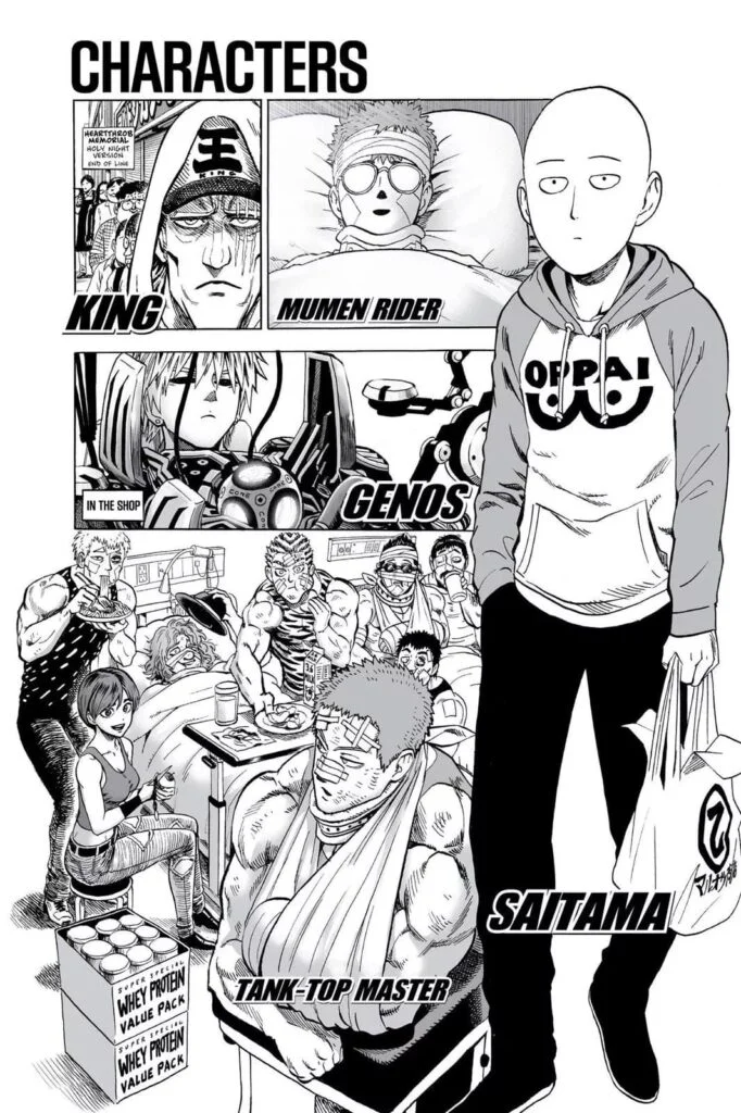 Saitama walking while in the background shows the heroes Mumen Rider, King, Tank-toppers, and Tank-top Master.