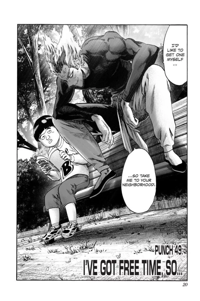 Garou sits with a kid on a bench park and asks the kid to take him to his neighborhood.