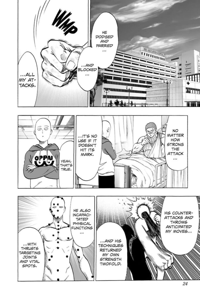 Cut to the scene, hospitalized Tank-top Master recounts his fight with Garou while Saitama listens.