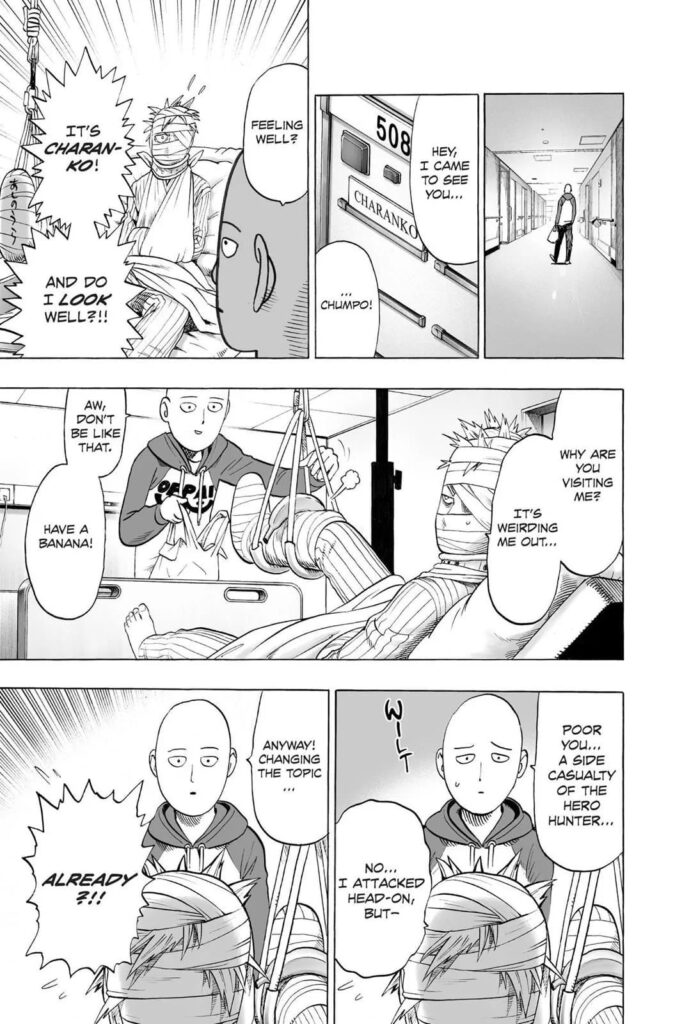 Saitama visits Charanko again in the hospital and still brings bananas.