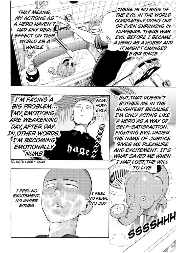 Saitama refilling a watering pot that's shaped like an elephant while in deep thoughts.