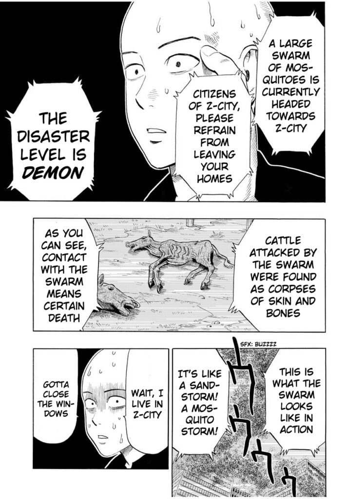 Saitama getting nervous after seeing in the news corpses of animals dried up after being attacked by swarms of mosquito insect.