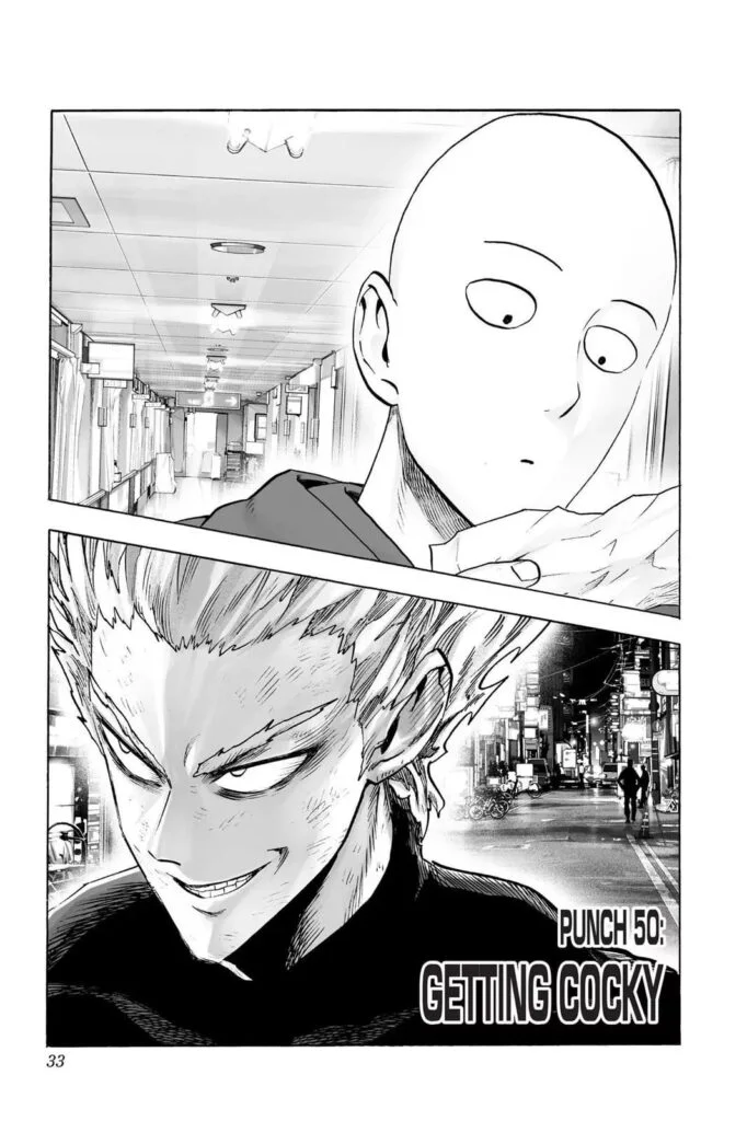 Two separate scenes- above is Saitama reading the ticket, and below is Garou hunting heroes in the city.