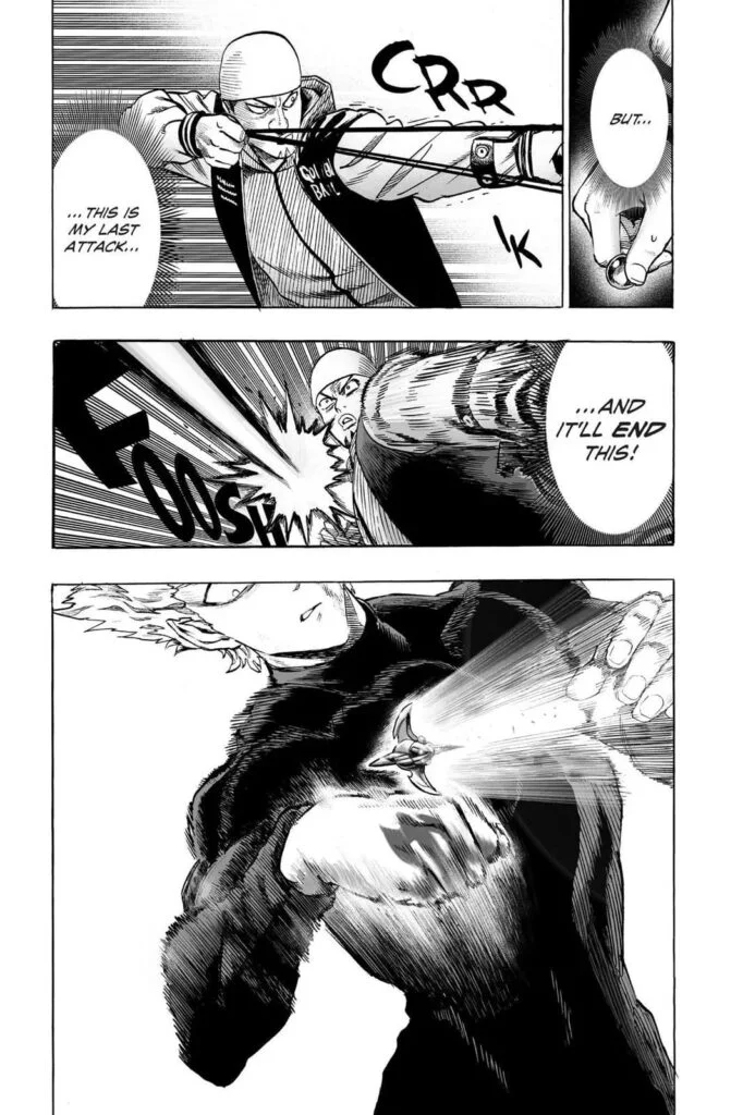 Golden Ball fires his last attack, which looks like a missile, but Garou sees it.