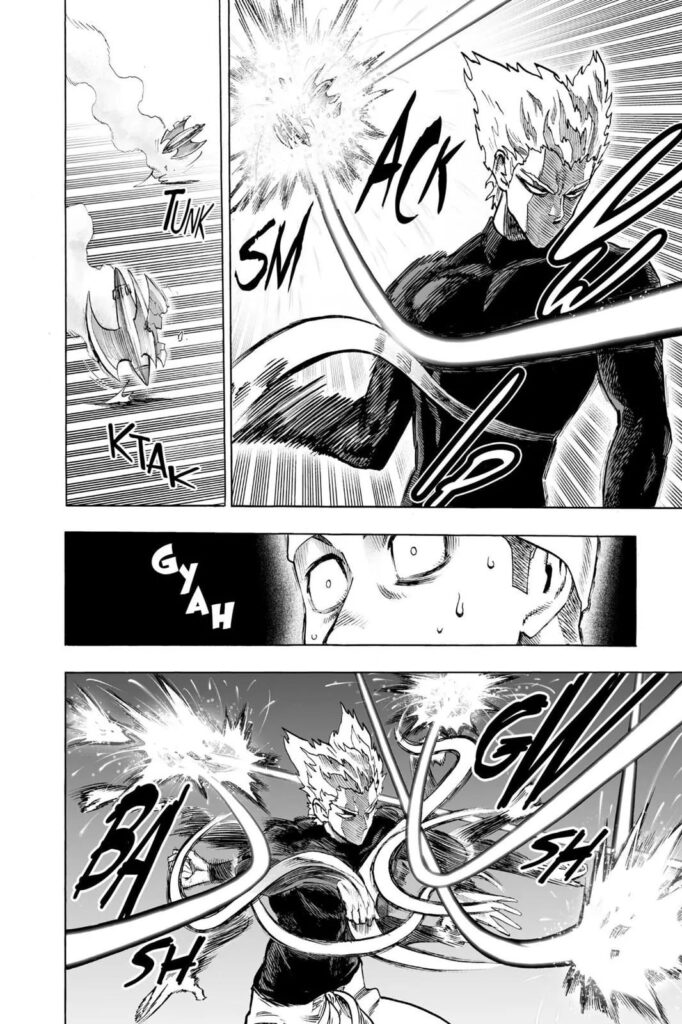 Garou flicks the missile and doesn't hit him while he stops the other ricocheting rockets using his hands.