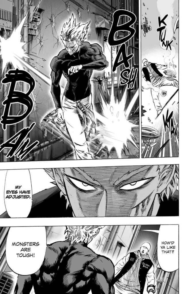 Garou destroys all the ricocheting ammo and tells the nervous Golden Ball that his eyes have adjusted.