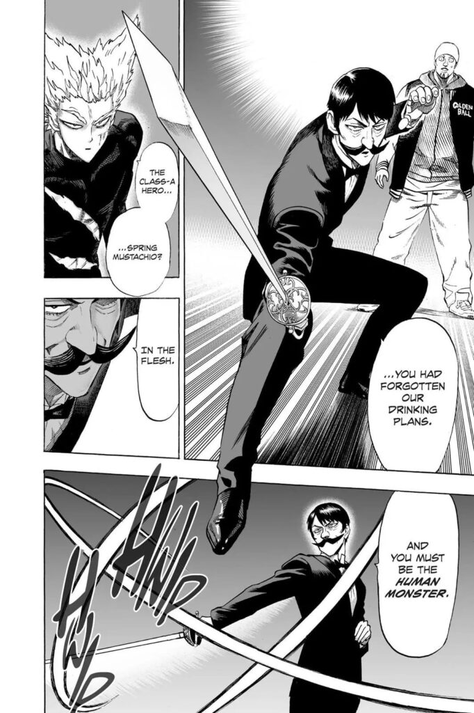 Garou recognizes Spring Mustachio while flexing his sword.