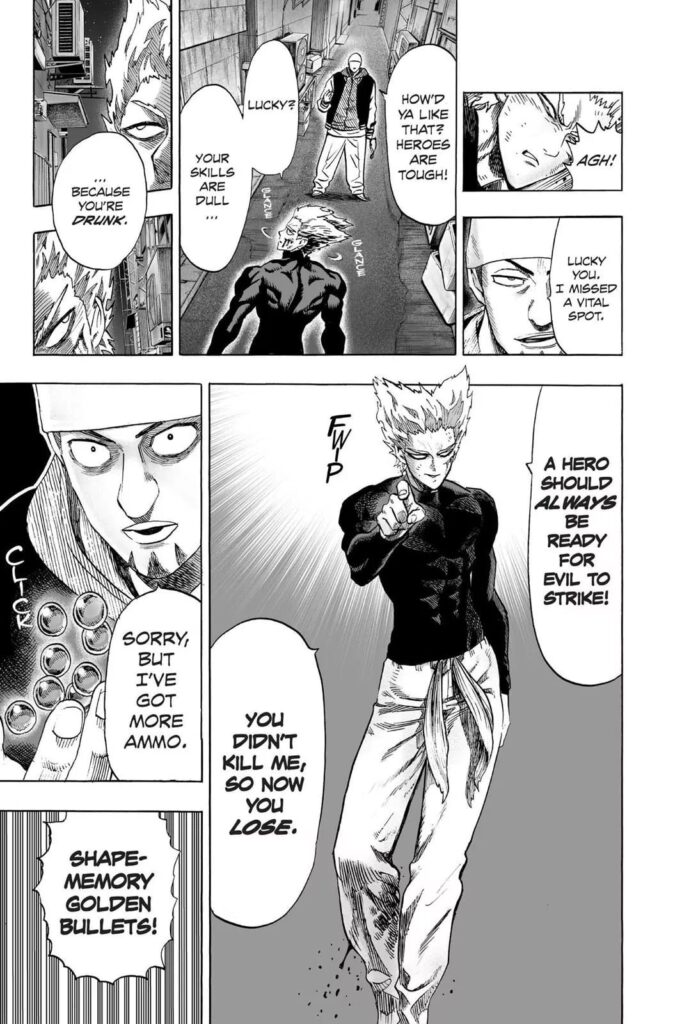 Golden Ball gets cocky as he prepares more ammo, but Garou says he will defeat him.