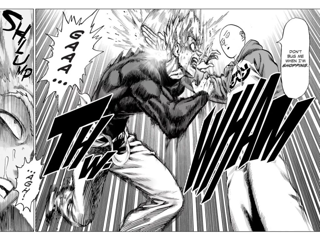 Saitama hits Garou with a karate chop, which causes him to lose his balance and makes him look like he's about to pass out.