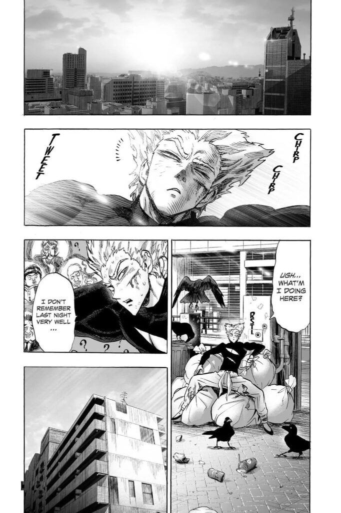 Garou wakes up as the sun shines on his face and finds himself lying in the garbage area.