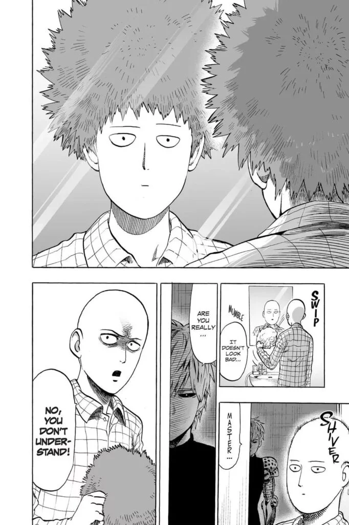 Saitama wears a funky wig and sees himself in the mirror while Genos watches him.