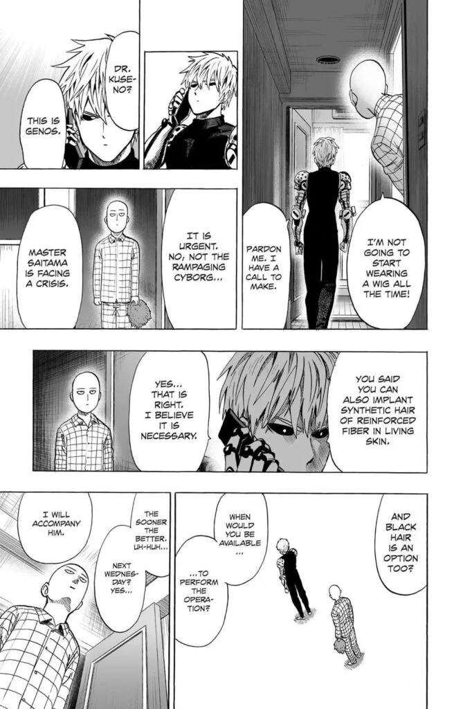 Genos calls Dr. Kuseno to ask if he can make a hair transplant on Saitama's head, who is now also listening to their conversation.