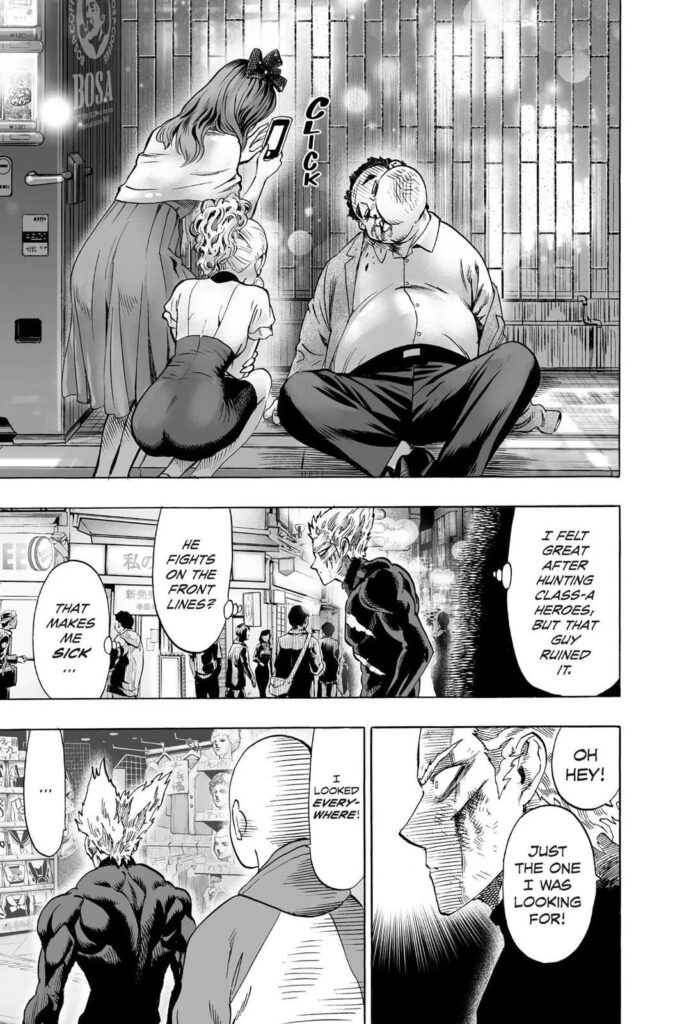 The man is unconscious with a swelling face, and the two women take photos of him. Garou walks, and Saitama follows behind him. 