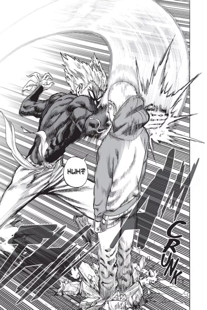 Garou attacks with a swift and strong karate chop, hitting Saitama on his shoulder while standing.