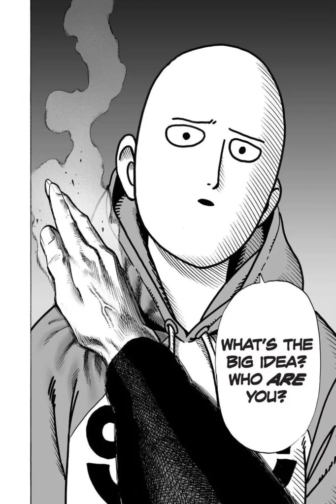 Garou's hand, still sweating, lands on Saitama's shoulder, who stands looking unaffected by the recent attack.