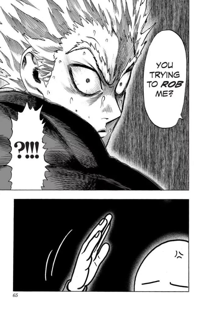 Garou looks shocked after his attack didn't hurt Saitama, who now decides to attack him.