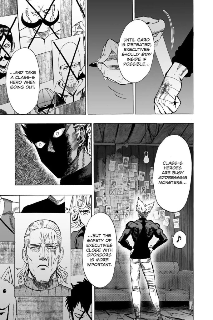 Garou, in his base, crosses out the images of the heroes he had taken out and now looks at King.