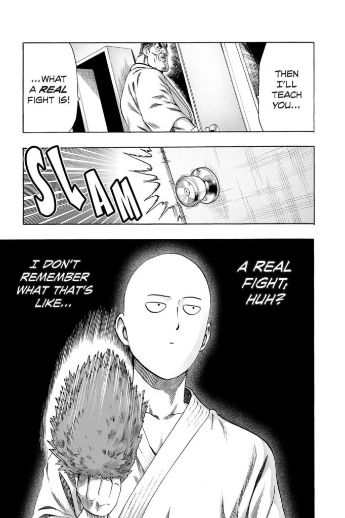 Sourface leaves the room, and Saitama takes off his wig, trying to remember what a real fight is.