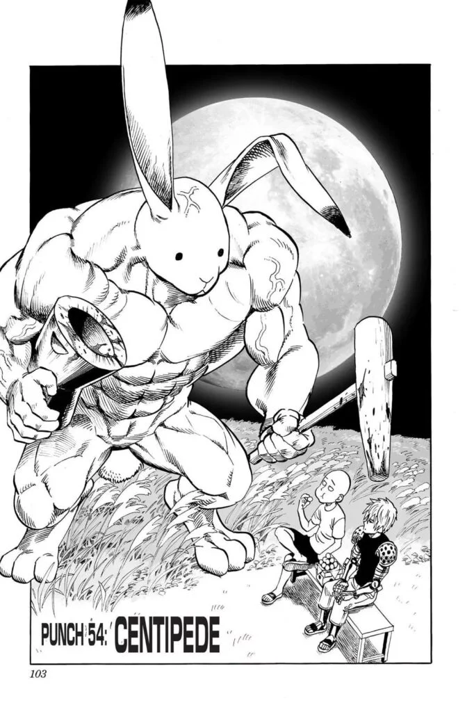 Cover page Genos and Saitama are sitting and snacking on a bench while a huge muscular rabbit monster approaches them.