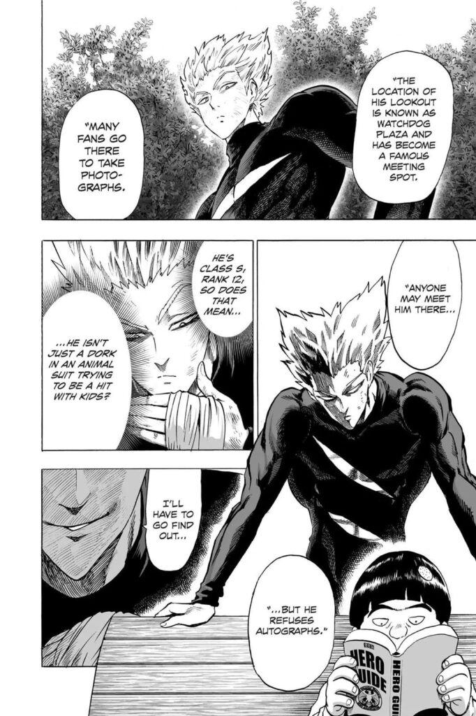 Garou listens to the kid read about the Class S Rank 12 hero Watchdog Man and his lookout place.