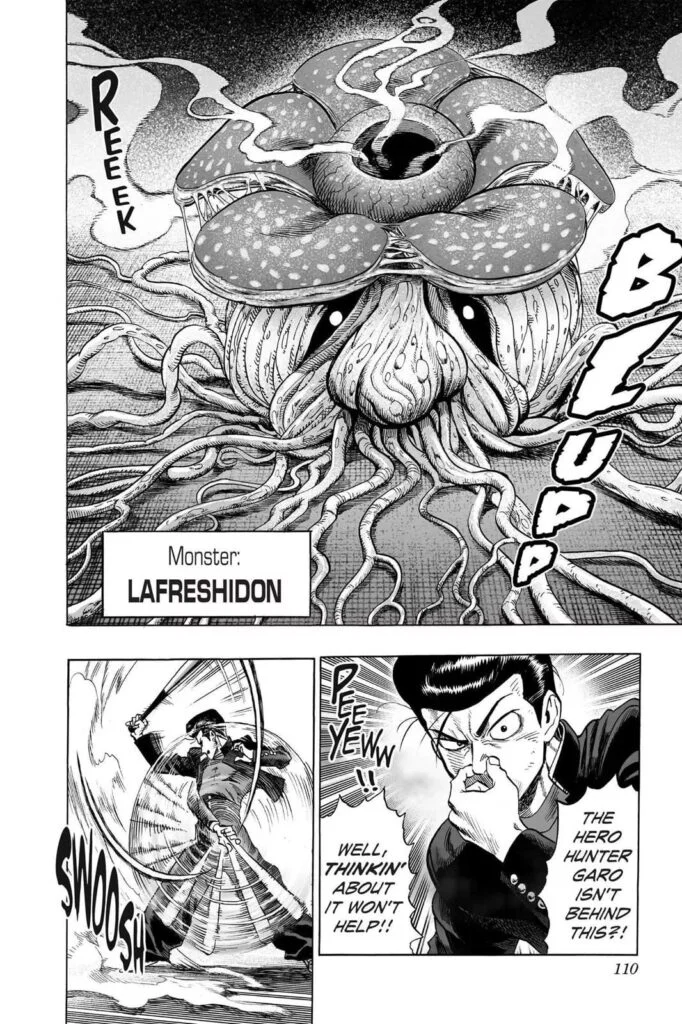 The second monster, Lafreshidon, looks like a flower and starts giving off a smell. Metal Bat covers his nose.