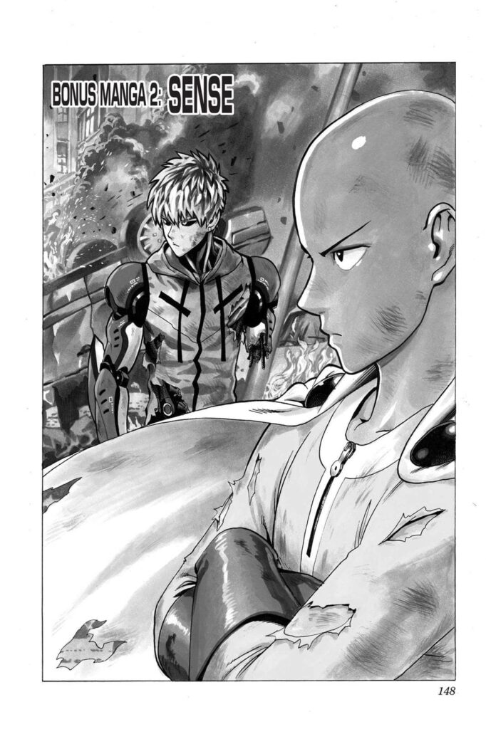 Saitama, with a part of his uniform, ripped, and Genos lost his left arm in burning and chaotic surroundings.