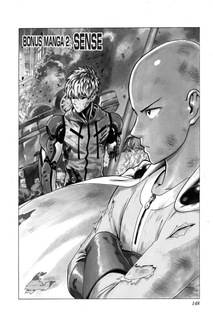 Saitama, with a part of his uniform, ripped, and Genos lost his left arm in burning and chaotic surroundings.