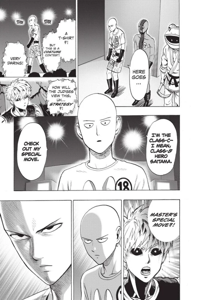 Saitama walks on stage while the viewers make comments, and he starts to show his special move.