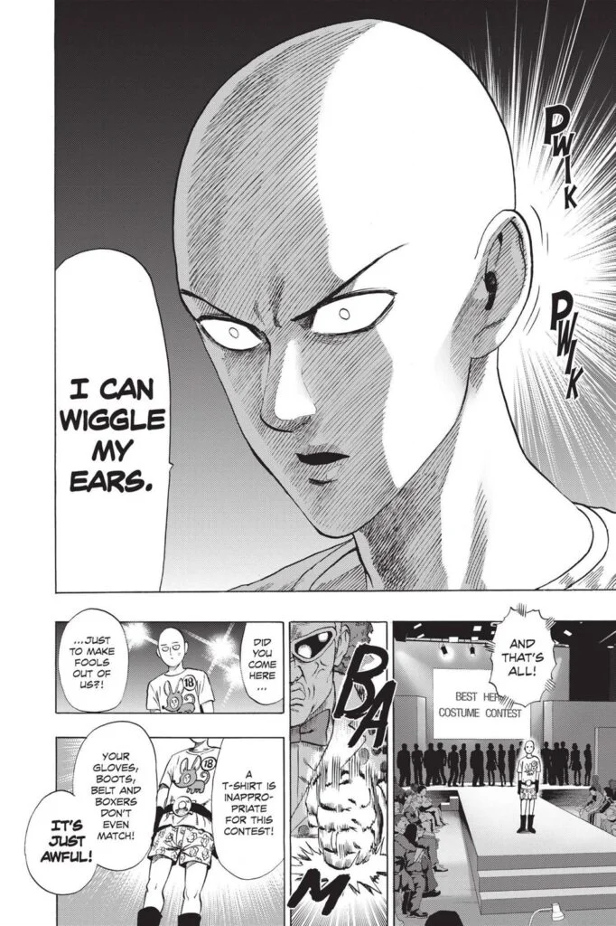 Saitama seriously wiggles his ears, but the judges are unimpressed by his costume.