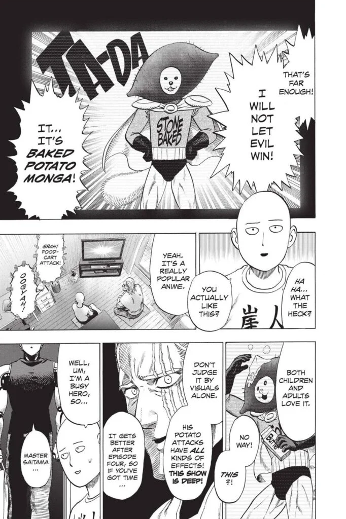 Saitama and King, watching an anime called Baked Potato Monga and Genos, interrupt them for a minute.