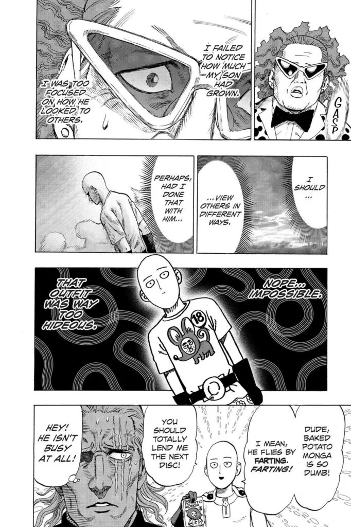 Torao is actually judge Torajiro's son, who reflects on his harsh judgment to Saitama. The last panel shows King and Saitama.