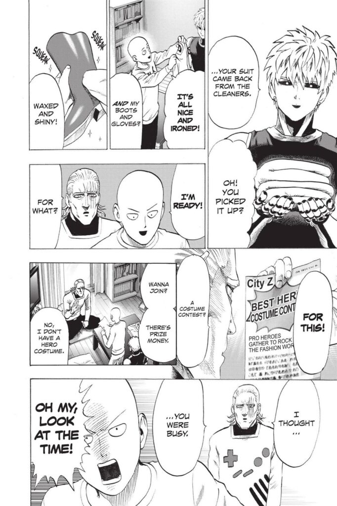 Genos brought Saitama's uniform, who now quickly dashes off to participate in a Best Hero Costume Contest.