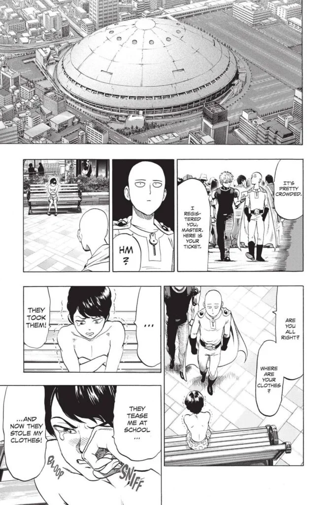 Saitama and Genos walk into the stadium for the contest and see a kid crying while sitting on a bench.