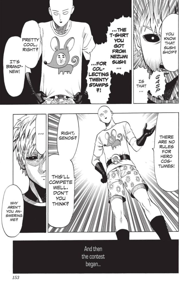 Saitama wears another costume that's actually a t-shirt with a mouse with a human face printed on the front.