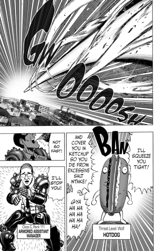 Tornado flies above the city while Class C Rank 11 Armored Assistant Manager faces Threat Level Wolf monster Hotdog.