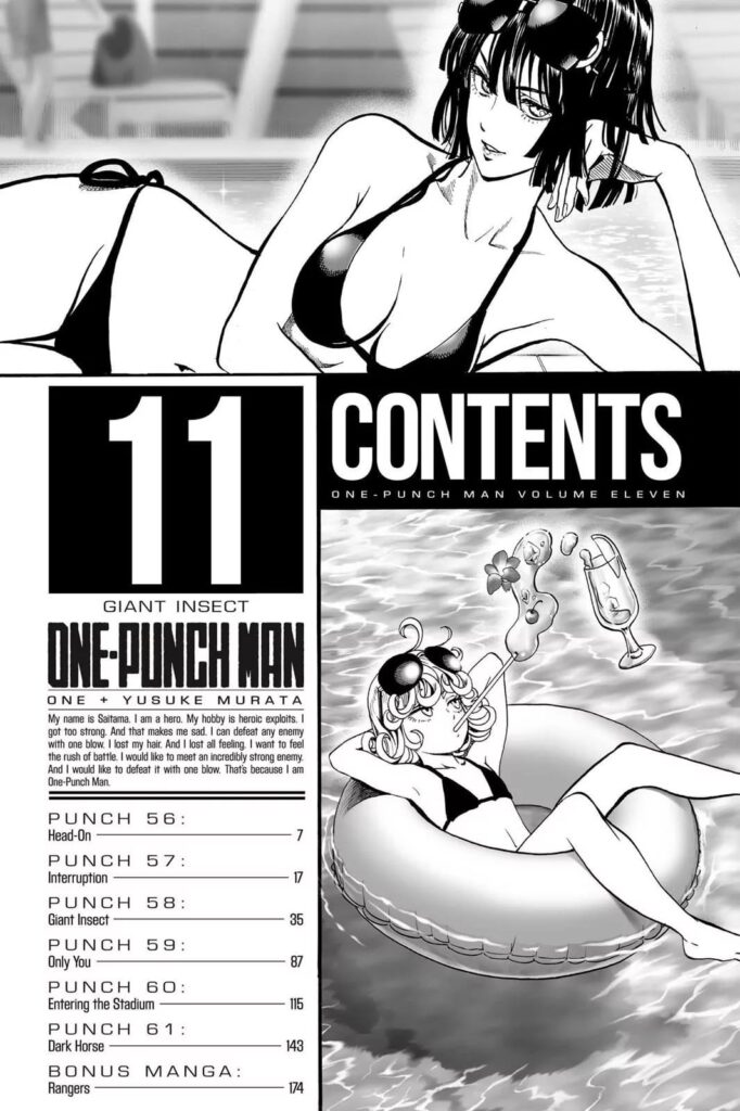 A sexy Fubuki is lying down wearing a bikini and a pool behind her. Tatsumaki rides a floater and drinks cocktails.