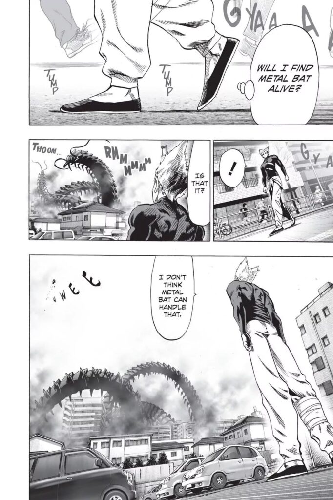 Garou sees the ravaging centipede monster as a distant while standing on the street.