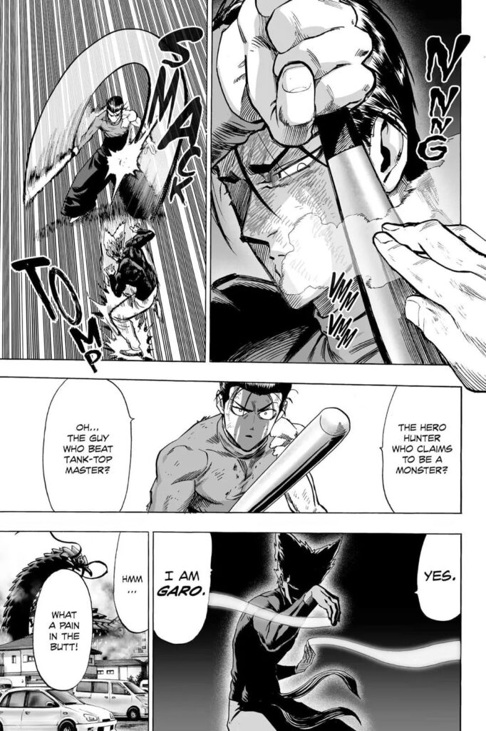 Metal Bat defended the attack with his bat and realized that the stranger attacking him is Garou.