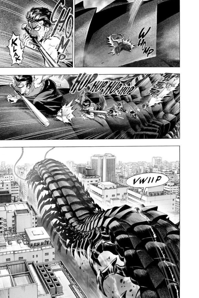 Metal Bat climbs through the monster centipede's back and plans to go to the head.