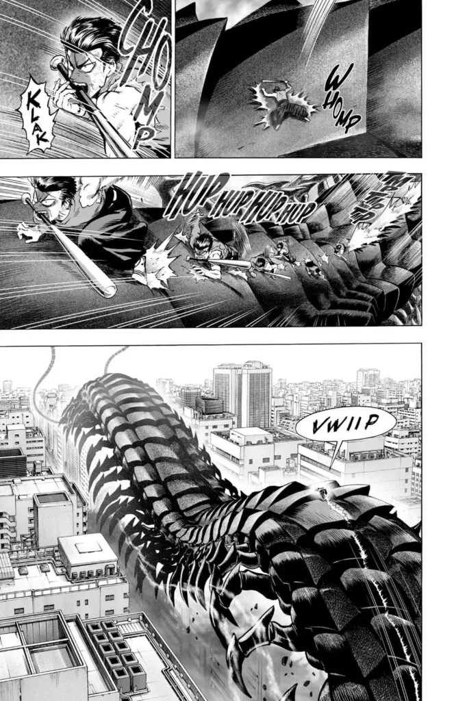 Metal Bat climbs through the monster centipede's back and plans to go to the head.