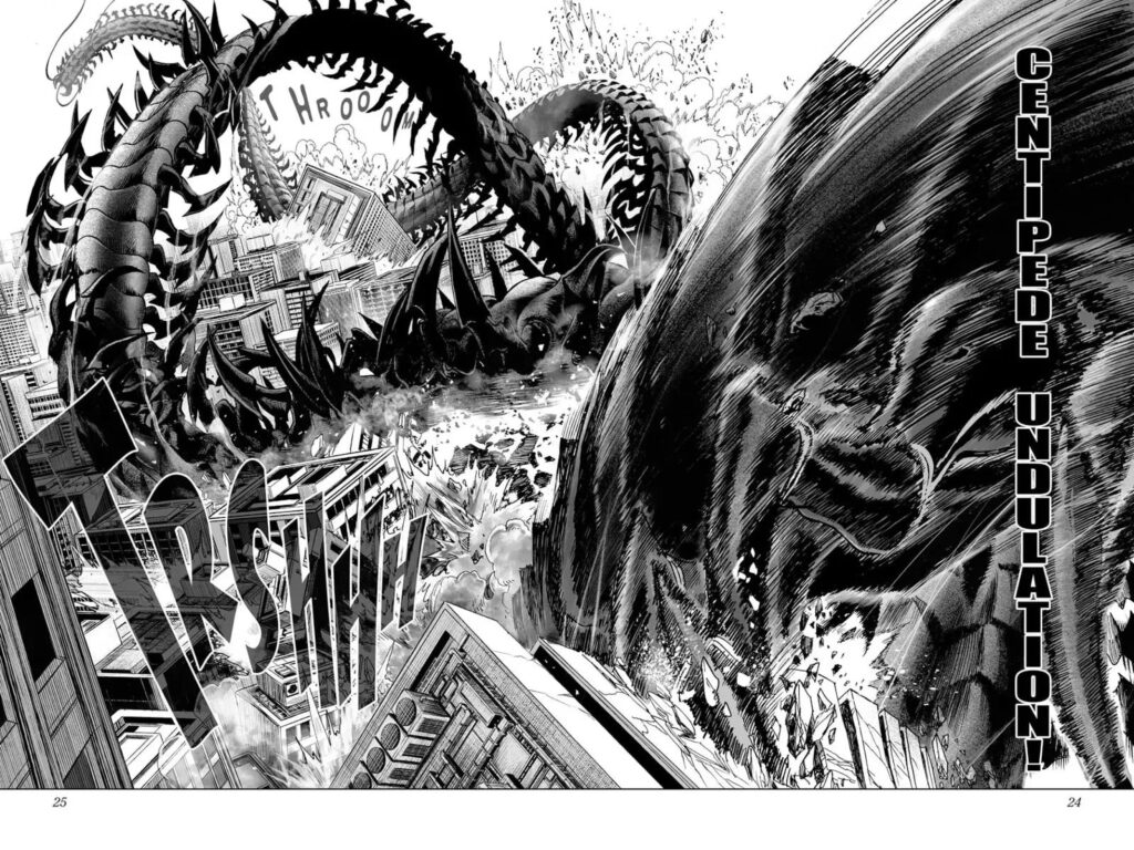 Elder Centipede goes crazy with his counterattack called Centipede Undulation and destroys buildings.