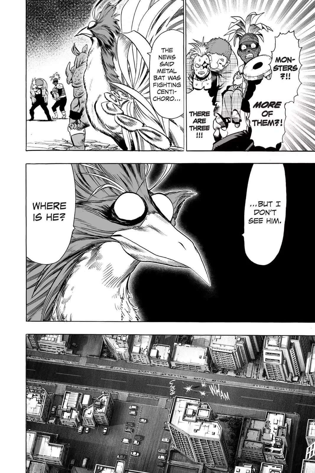 The two Class A heroes are surprised while the monster that looks like a bird searches for Metal Bat.