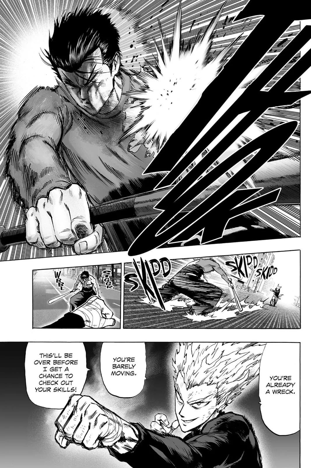 Cut to the scene, Metal Bat and Garou are fighting, and Metal Bat gets hit by Garou's punch.