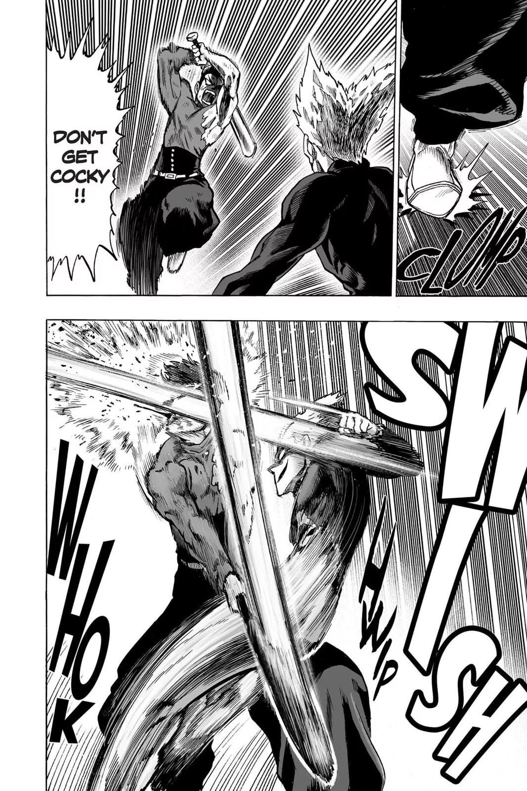 Metal Bat attacks with his bat, but Garou dodges and hits Metal Bat with a counter punch in the face.