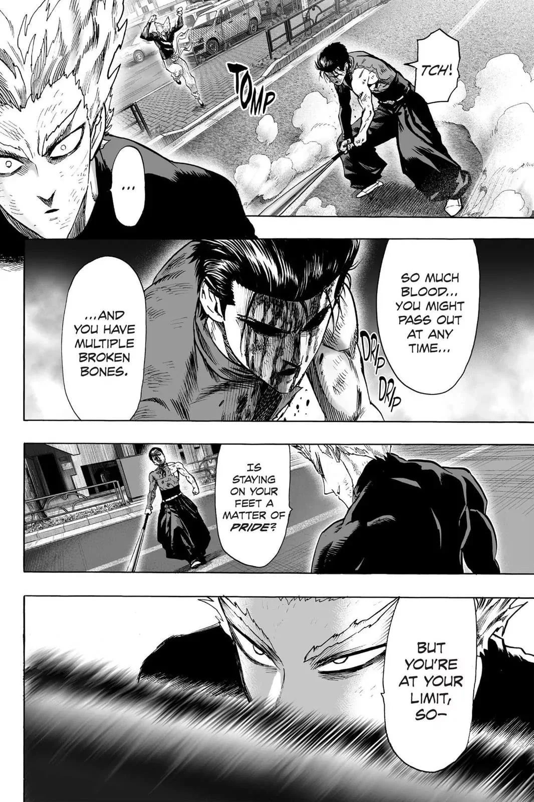 Metal Bat stands back up while his face is bloody and approaches Garou for another attack.