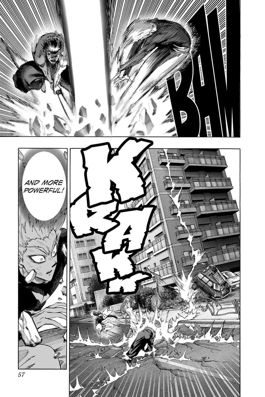 Garou dodges Metal Bat's attack, which hits the ground and breaks the street, including a nearby building.